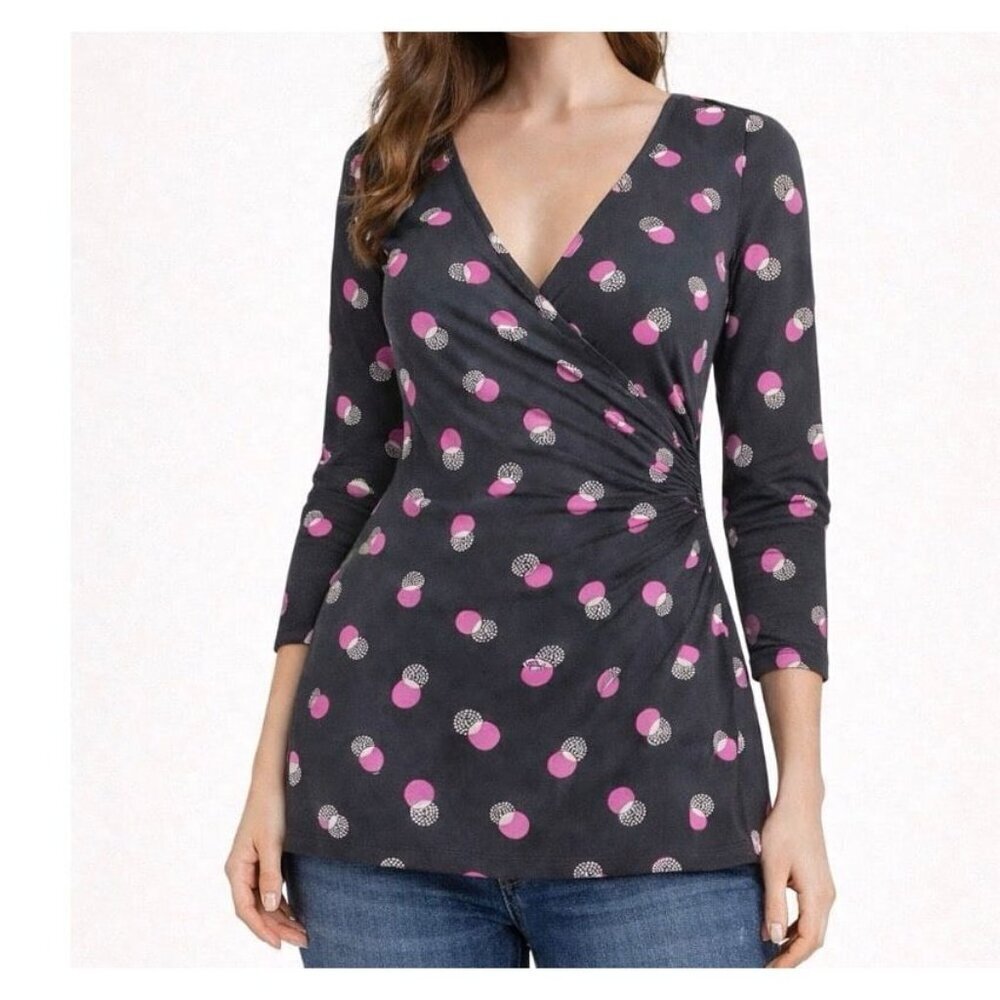 Boden Jersey Surplice Wrap Top Taupe Geometric Circle LS Women's US SZ 0